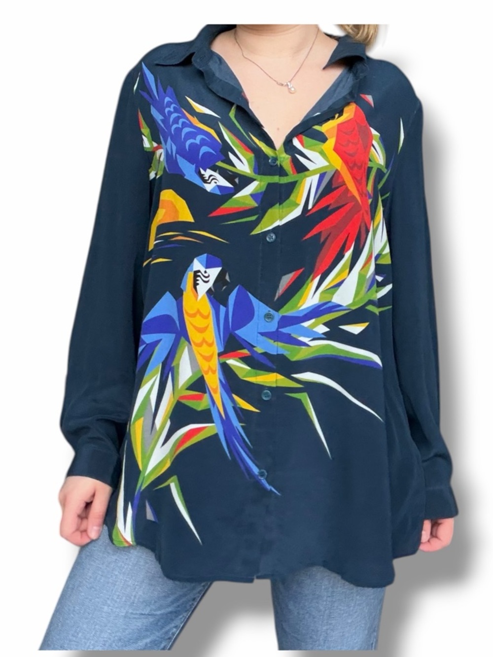 Silk Vintage Farm Rio Style Blouse Tropical Parrots Scene
